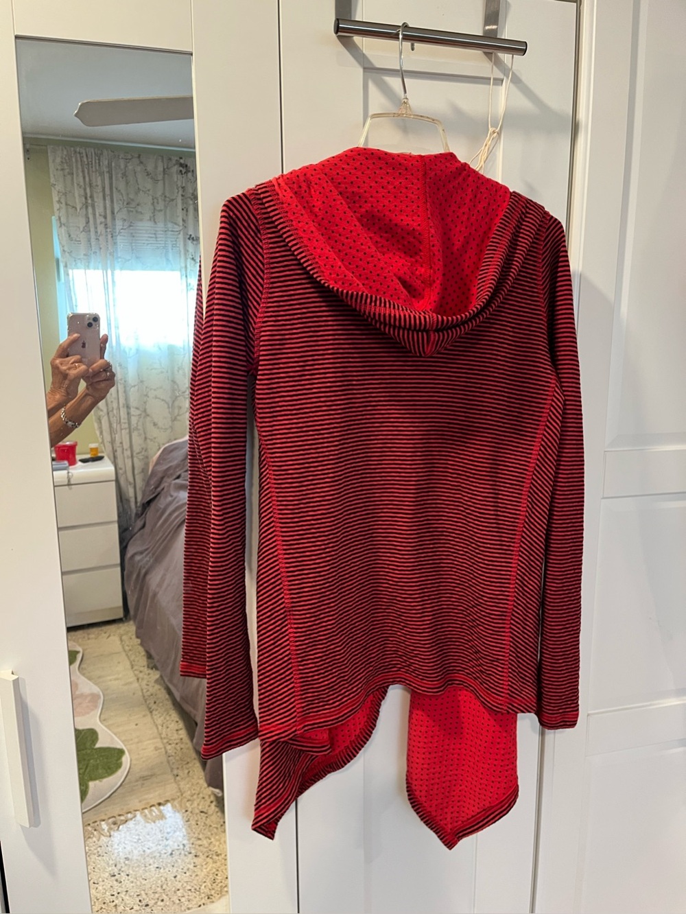 NWOT PURE KARMA Women's Hooded Sweater Red Black Stripes w Polka dots*